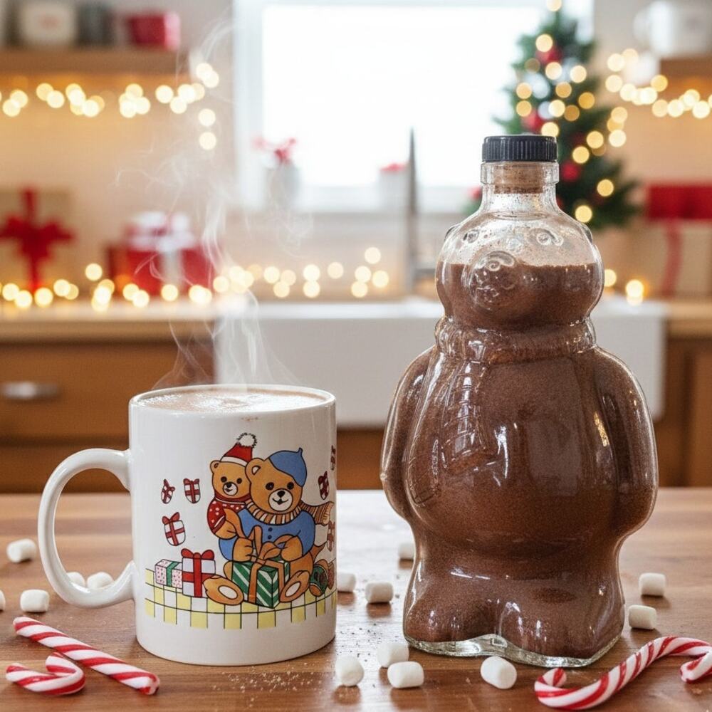 Vintage Christmas Hot Cocoa Gift Bundle | Teddy Bear Mug + Polar Bear Bottle